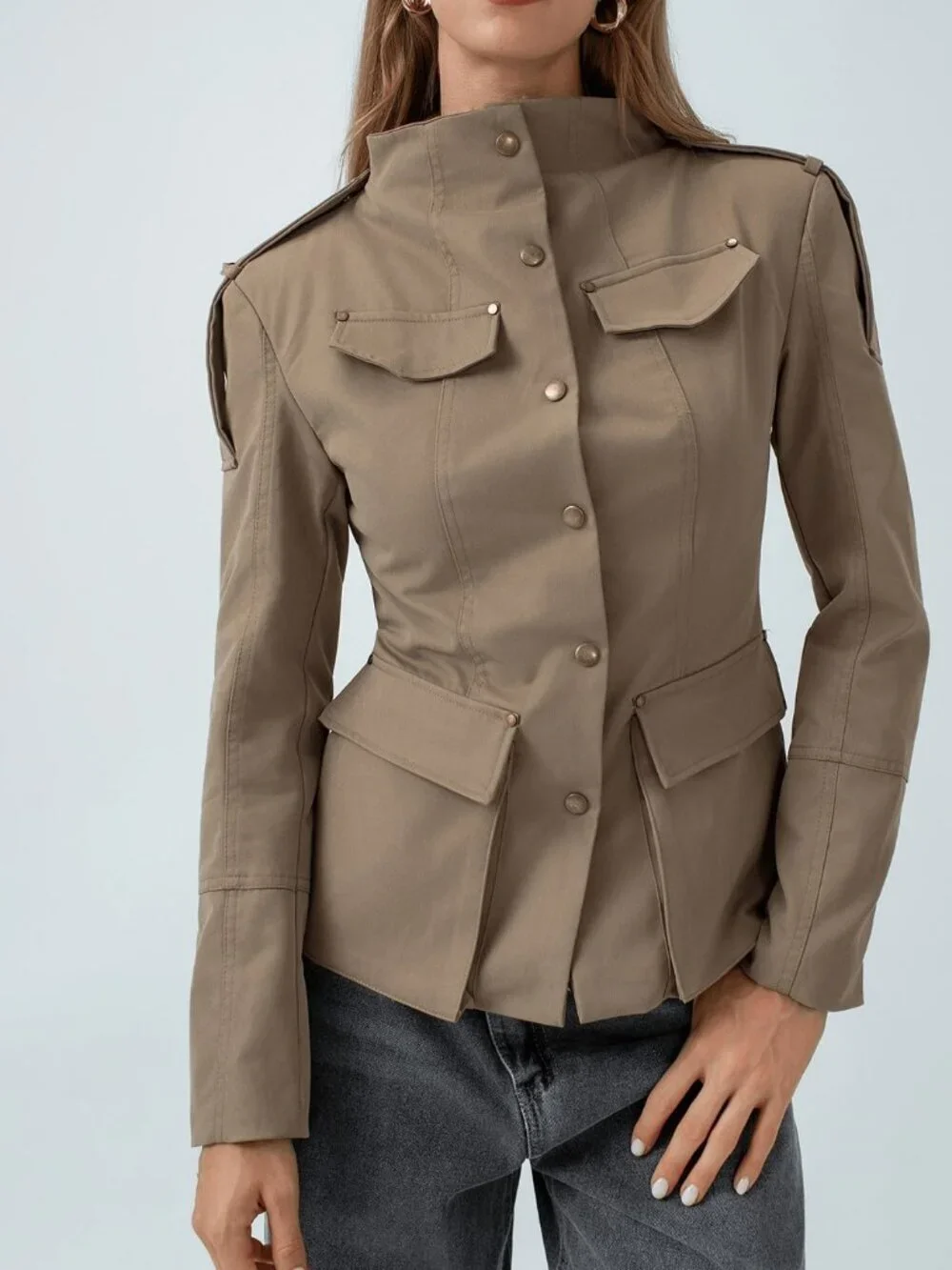 Khaki Casual Women's Epaulet Design Stand Collar Fitted Jacket